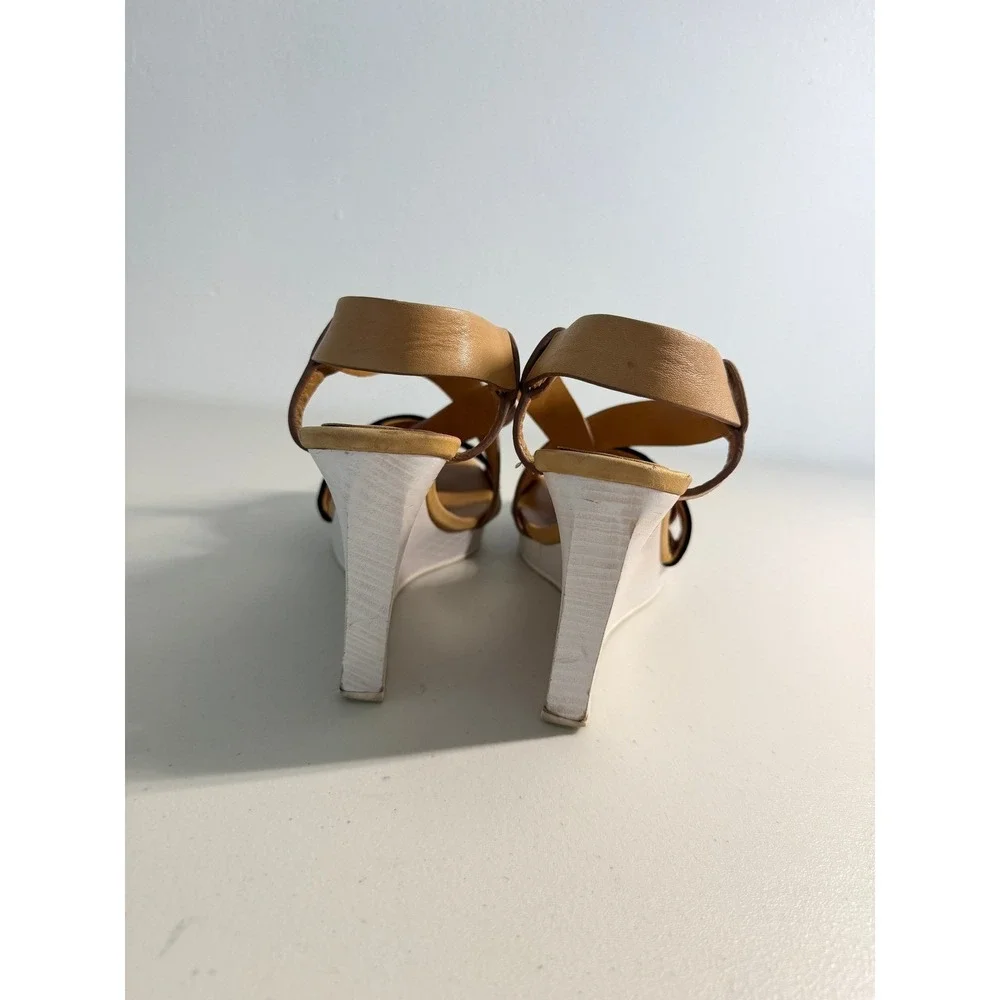 See by Chloe Leather Suede Colorblock Wedge Sandals Tan Black White 40 10